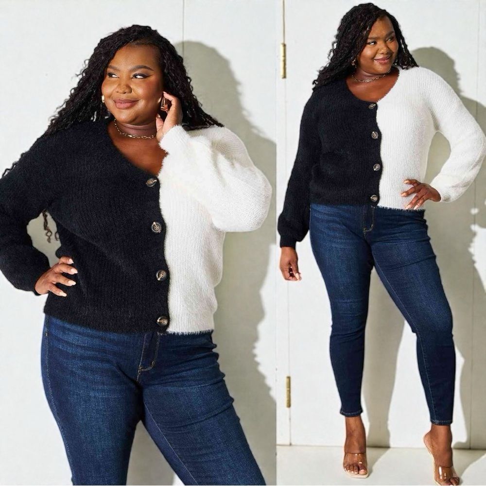 Black & White Contrast Button-Front V-Neck Cardigan NEW - Woven Right - Picture 6 of 13